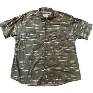 Cabela's Green All Over Fish Print S/S Button Down Dad Core Shirt XXL Cotton